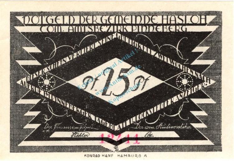Hasloh , Notgeld 25 Pfennig --98 x 69-- Nr.1  unc-kfr. M-G 584.2 , Schleswig Holstein o.D. Seriennotgeld