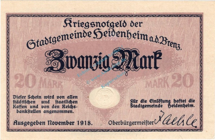 Heidenheim , Banknote 20 Mark Schein unc-kfr. Geiger 227.02.a , Würrtemberg 1918 Grossnotgeld
