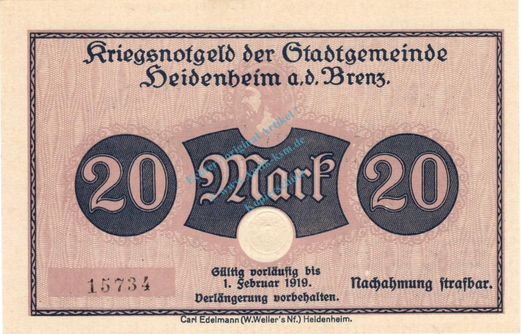Heidenheim , Banknote 20 Mark Schein unc-kfr. Geiger 227.02.a , Würrtemberg 1918 Grossnotgeld