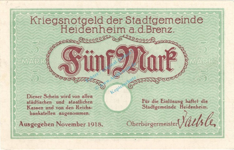 Heidenheim , Banknote 5 Mark Schein unc-kfr. Geiger 227.01.b , Würrtemberg 1918 Grossnotgeld