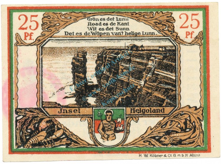 Helgoland , Notgeld 25 Pfennig -2 Stempel- unc-kfr. Tieste 2915.10.50.B , SH 1919 Verkehrsausgabe -4058-