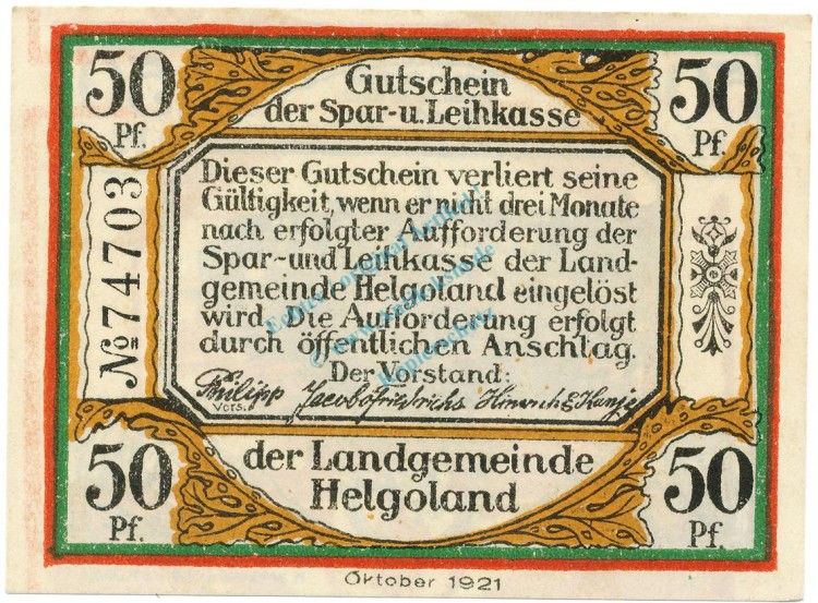 Helgoland , Notgeld 50 Pfennig -Fehldruck- unc-kfr. M-G 595.4 , SH 1921 Seriennotgeld -5779-