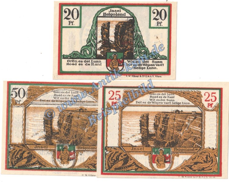 Helgoland , Notgeld Set mit 3 Scheinen in kfr. M-G 595.6 , Schleswig 1921 Seriennotgeld