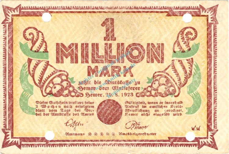 Hemer , Banknote 1 Million Mark Schein L-gbr.E Keller 2318 , Westfalen 1923 Inflation