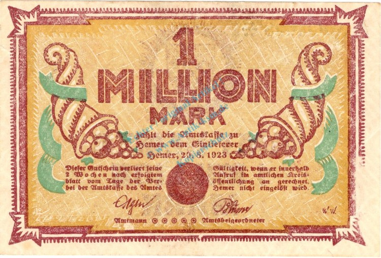 Hemer , Banknote 1 Million Mark Schein L-gbr. Keller 2318 , Westfalen 1923 Inflation