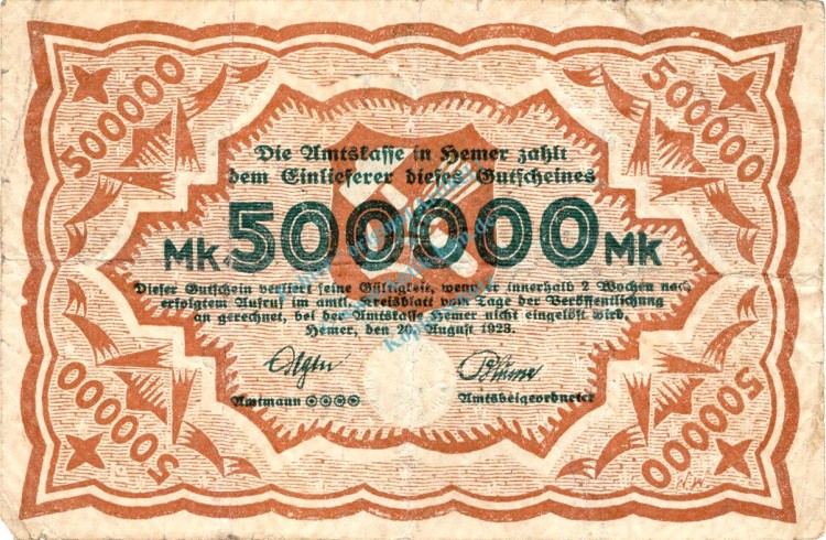 Hemer , Banknote 500.000 Mark Schein gbr. Keller 2318 , Westfalen 1923 Inflation