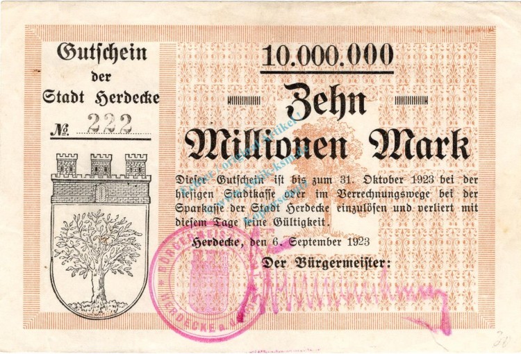 Herdecke , Banknote 5 Millionen Mark Schein L-gbr. Keller 2327 , Westfalen 1923 Inflation