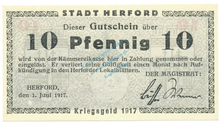 Herford , Notgeld 10 Pfennig Schein unc-kfr. Tieste 2945.05.02 , Westfalen 1917 Verkehrsausgabe