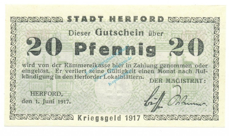 Herford , Notgeld 20 Pfennig Schein unc-kfr. Tieste 2945.05.03 , Westfalen 1917 Verkehrsausgabe