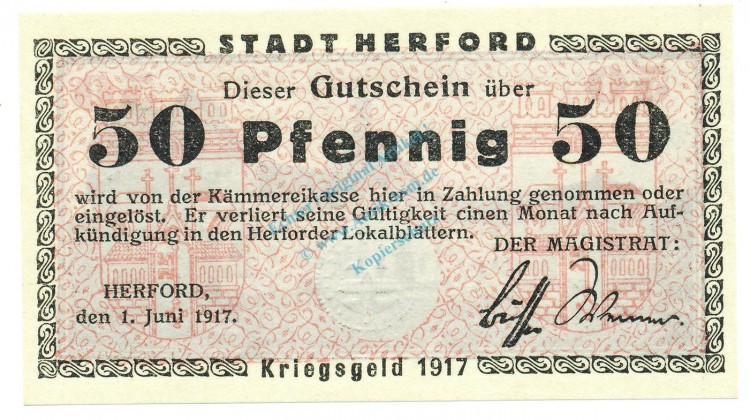 Herford , Notgeld 50 Pfennig Schein unc-kfr. Tieste 2945.05.04 , Westfalen 1917 Verkehrsausgabe
