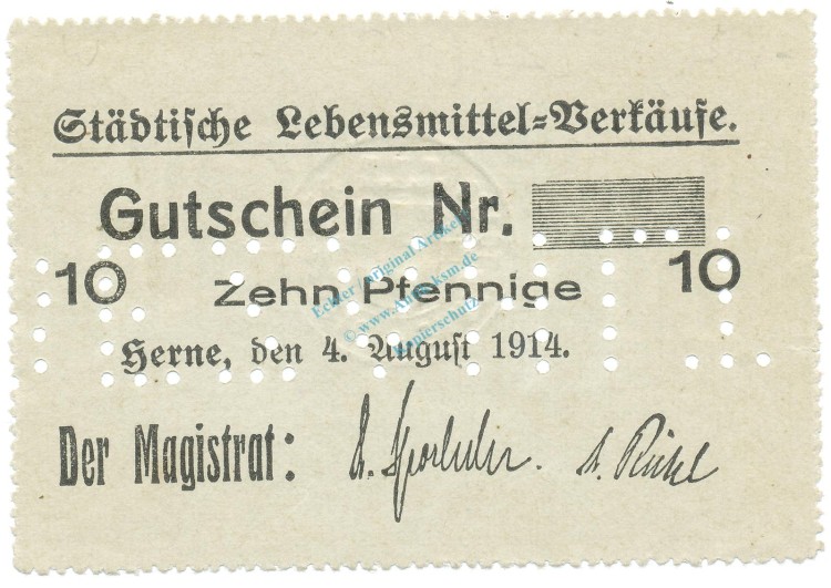 Herne , Notgeld 10 Pfennig Schein unc-kfr.E Diessner 148.2.c , Westfalen 1914 Notgeld 1914-15