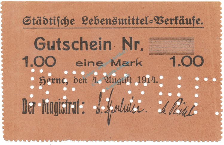 Herne , Notgeld 1 Mark Schein unc-kfr.E Diessner 148.4.d , Westfalen 1914 Notgeld 1914-15