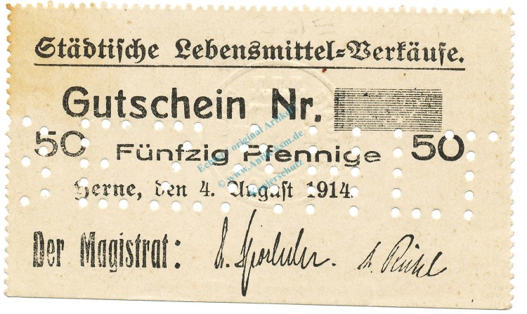 Herne , Notgeld 50 Pfennig Schein unc-kfr.E Diessner 148.3.c , Westfalen 1914 Notgeld 1914-15
