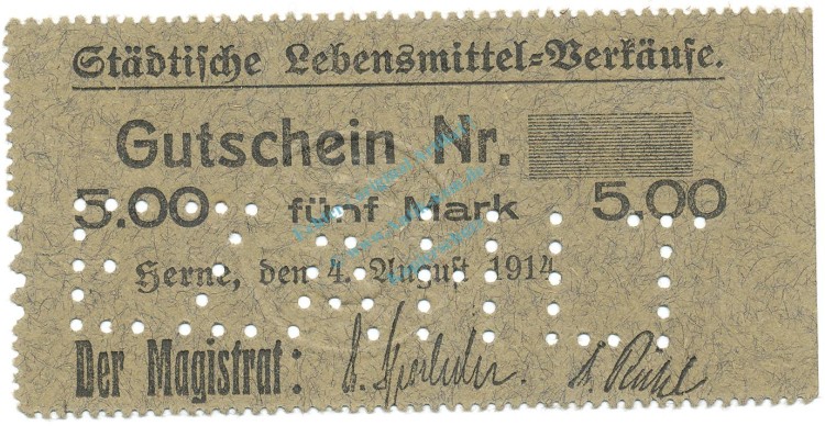 Herne , Notgeld 5 Mark Schein unc-kfr.E Diessner 148.6.c , Westfalen 1914 Notgeld 1914-15