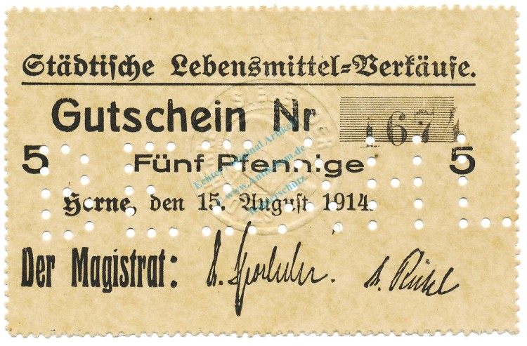 Herne , Notgeld 5 Pfennig Schein unc-kfr.E Diessner 148.7.a , Westfalen 1914 Notgeld 1914-15