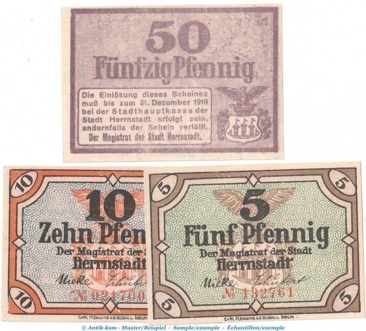 Herrnstadt Notgeld , Tieste 2970.05.01-3 , Set mit 3 Scheinen in kfr. o.D. Schlesien Verkehrsausgabe
