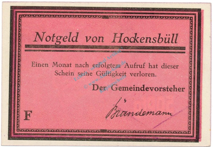 Hockensbüll , Notgeld 50 Pfennig Schein -F- unc-kfr. M-G 614.2.b , SH o.d. Seriennotgeld -5761-