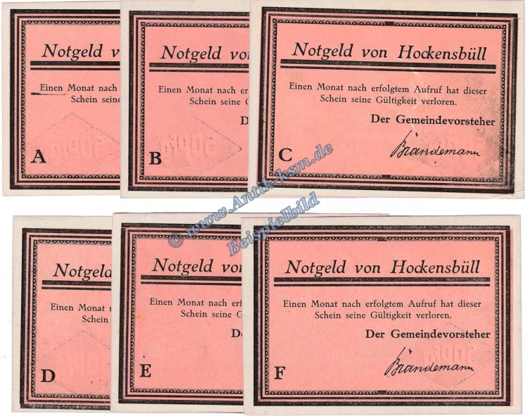 Hockensbüll , Notgeld Set mit 6 Scheinen -rosa- in kfr. M-G 614.1.b , Schleswig Holstein o.D. Seriennotgeld