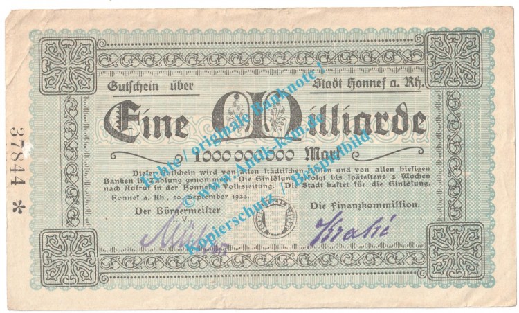 Honnef , Notgeld 1 Milliarde Mark Schein in gbr. Keller 2443.p , Rheinland 1923 Grossnotgeld InflationHonnef , Notgeld 1 Milliarde Mark Schein in gbr. Keller 2443.p , Rheinland 1923 Grossnotgeld Inflation
