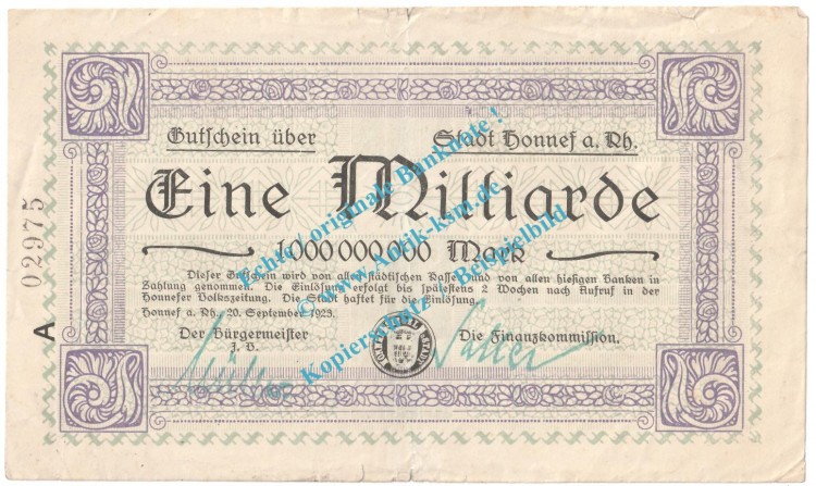 Honnef , Notgeld 1 Milliarde Mark Schein in gbr. Keller 2443.r , Rheinland 1923 Grossnotgeld Inflation