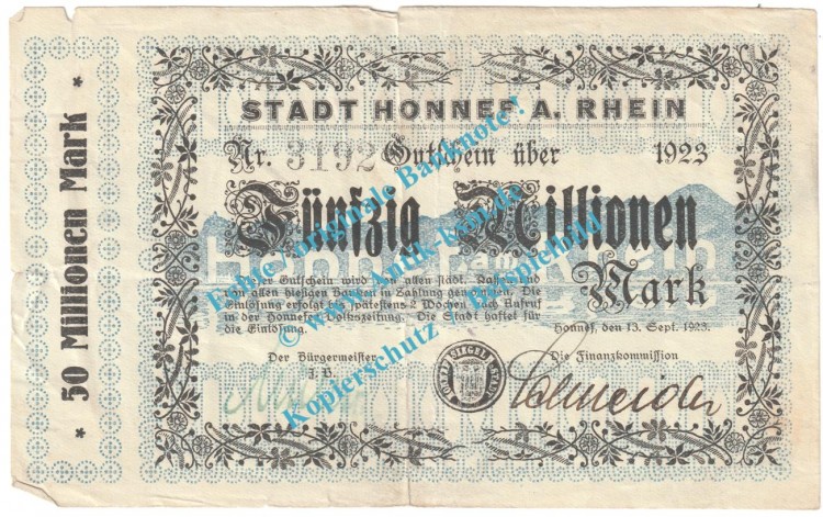 Honnef , Notgeld 50 Millionen Mark Schein in gbr. Keller 2443.n , Rheinland 1923 Grossnotgeld InflationHonnef , Notgeld 50 Millionen Mark Schein in gbr. Keller 2443.n , Rheinland 1923 Grossnotgeld Inflation