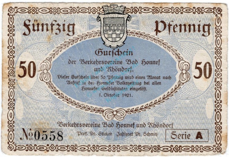 Honnef , Notgeld 50 Pfennig Schein in gbr. Tieste 3135.05.01 , Rheinland 1921 VerkehrsausgabeHonnef , Notgeld 50 Pfennig Schein in gbr. Tieste 3135.05.01 , Rheinland 1921 Verkehrsausgabe