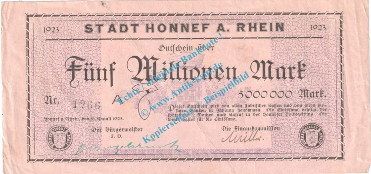 Honnef , Notgeld 5 Millionen Mark -rosa- in gbr. Keller 2443.i , Rheinland 1923 Grossnotgeld Inflation