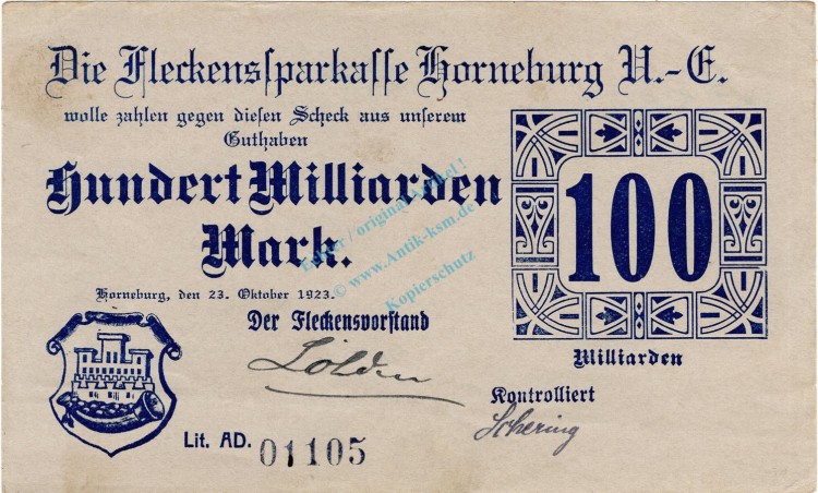 Horneburg , Banknote 100 Milliarden Mark aunc.f-kfr. Keller 2450. Niedersachsen 1923 Inflation