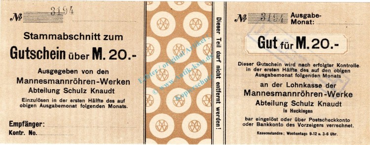 Huckingen , Banknote 20 Mark Schein unc-kfr.E Geiger 245.03 , Rheinland o.D. Grossnotgeld
