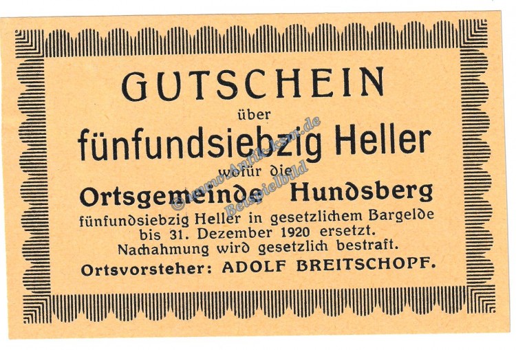 Hundsberg , Notgeld 75 Heller -hellgelb- in kfr. K-K S.402.c , Oberösterreich o.D.