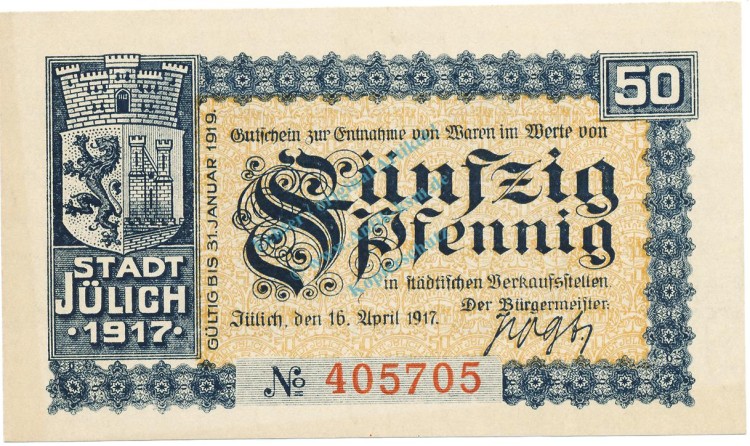 Jülich , Notgeld 50 Pfennig Schein unc-kfr. Tieste 3295.05.05 , RHL 1917 Verkehrsausgabe -4140-