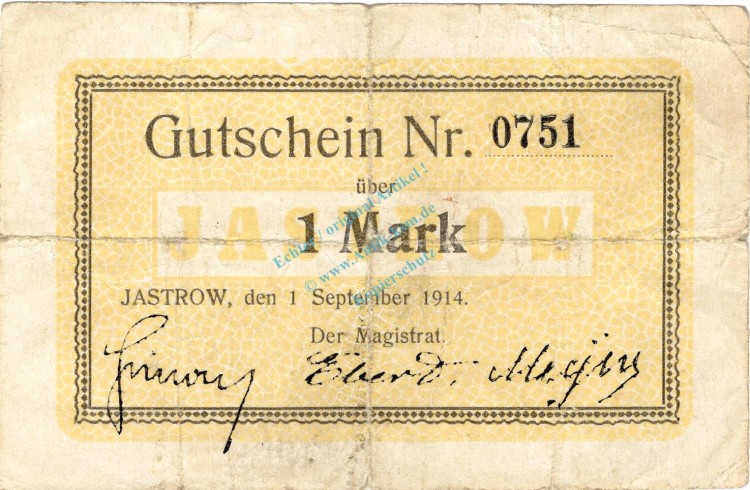 Jastrow , Notgeld 1 Mark Schein gbr. Diessner 165.2 , Westpreussen 1914 Notgeld 1914-15