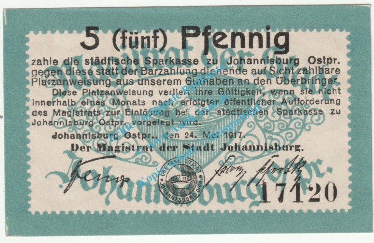 Johannisburg , Notgeld 5 Pfennig Schein in kfr. Tieste 3290.05.10 , Ostpreussen 1917 Verkehrsausgabe