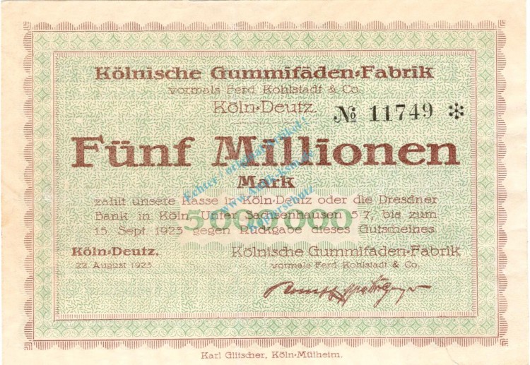 Köln-Deutz , Banknote 5 Millionen Mark Schein gbr. Keller 2719.d , Rheinland 1923 Inflation