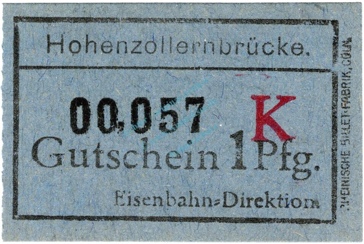 Köln , Notgeld 1 Pfennig -Hohenzollernbrücke- in unc-kfr. Ti.3565.040.40 , Rheinland o.D. VerkehrsausgabeKöln , Notgeld 1 Pfennig -Hohenzollernbrücke- in unc-kfr. Ti.3565.040.40 , Rheinland o.D. Verkehrsausgabe