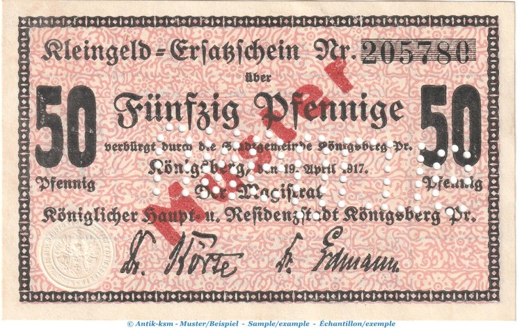 Königsberg Tieste 3595.25.01 , Notgeld 50 Pf. MUSTER-Schein in kfr. von 1917 , Ostpreussen Verkehrsausgabe