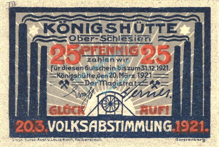 Notgeld Königshütte , 25 Pfennig Schein in kfr. Mehl Grabowski 726.1 c , von 1921 , Schlesien Seriennotgeld