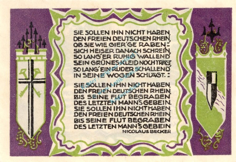 Königswinter , Notgeld 50 Pf. --Sie sollen Ihn...1506 WZ-- in kfr. M-G 730.1 Westfalen 1921 Seriennotgeld