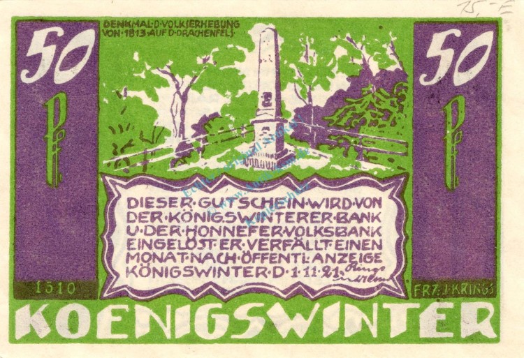 Königswinter , Notgeld 50 Pf. --Sie sollen Ihn...1510 WZ-- in kfr. M-G 730.1 Westfalen 1921 Seriennotgeld