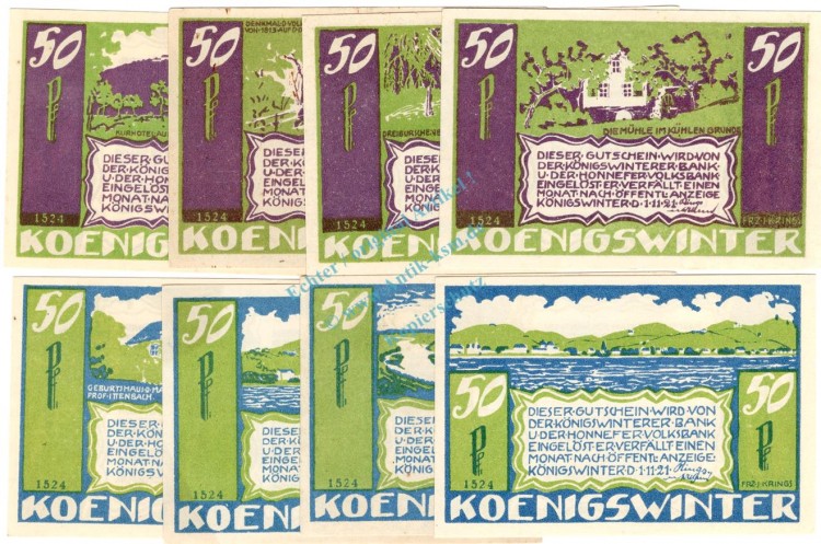Königswinter , Notgeld Set -- 8 x Serie 1524 -- in kfr. M-G 730.3.b Westfalen 1921 Seriennotgeld