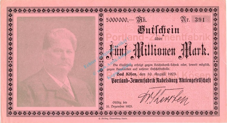 Kösen , Banknote 5 Millionen Mark Schein unc-kfr. Keller 2778 , prov. Sachsen 1923 Inflation