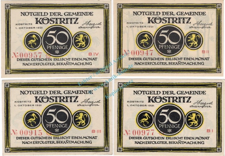 Köstritz , Notgeld Set --KN unter 1000-- in unc-kfr. M-G 736.3 , Thüringen 1921 Seriennotgeld