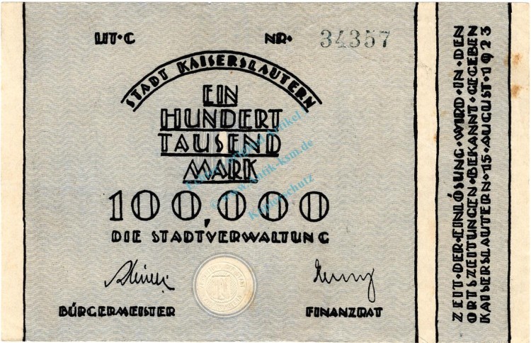 Kaiserslautern , Banknote 100.000 Mark Schein L-gbr. Keller 2541.a , Pfalz 1923 Inflation