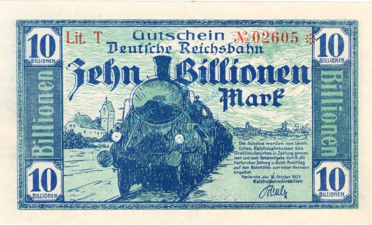 Karlsruhe , Banknote 10 Billionen Mark Schein unc-kfr. Keller 2583.h Baden 1923 Inflation