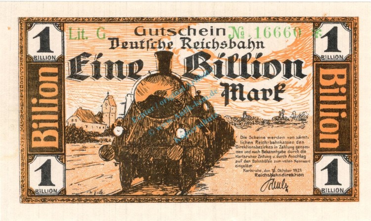 Karlsruhe , Banknote 1 Billion Mark Schein unc-kfr. Keller 2583. Baden 1923 Inflation