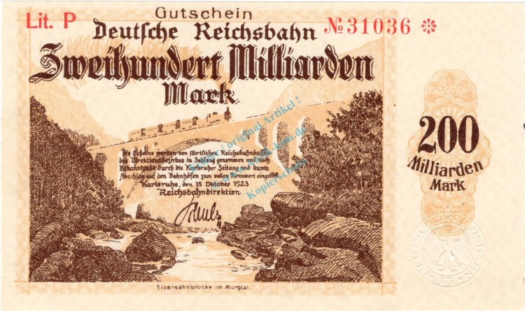 Karlsruhe , Banknote 200 Millionen Mark Schein unc-kfr. Keller 2583.f , Baden 1923 Inflation