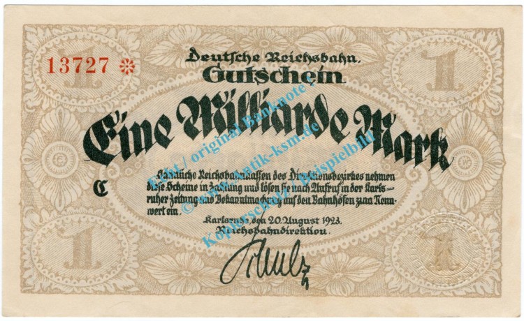 Karlsruhe , Notgeld 1 Milliarde Mark Schein in kfr. Keller 2583.c , Baden 1923 Inflation