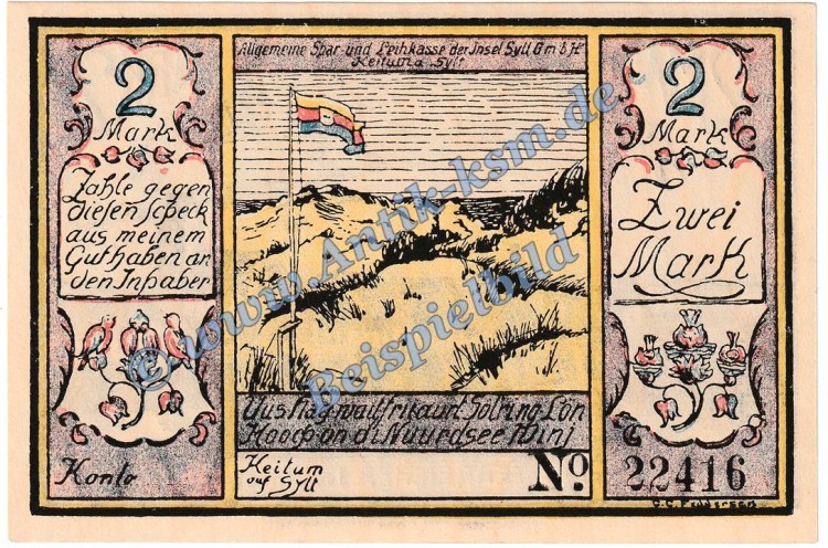 Keitum , Notgeld 2 Mark Schein in kfr. M-G 684.1 Schleswig 1922 Seriennotgeld