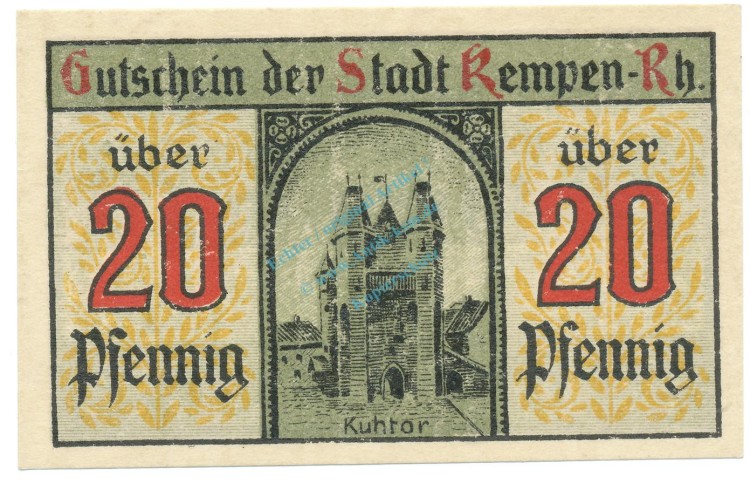 Kempen , Notgeld 20 Pfennig Schein unc-kfr. Tieste 3460.05.15 , RHL 1920 Verkehrsausgabe -4059-