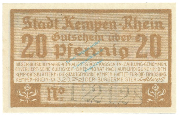 Kempen , Notgeld 20 Pfennig Schein unc-kfr. Tieste 3460.05.15 , RHL 1920 Verkehrsausgabe -4059-